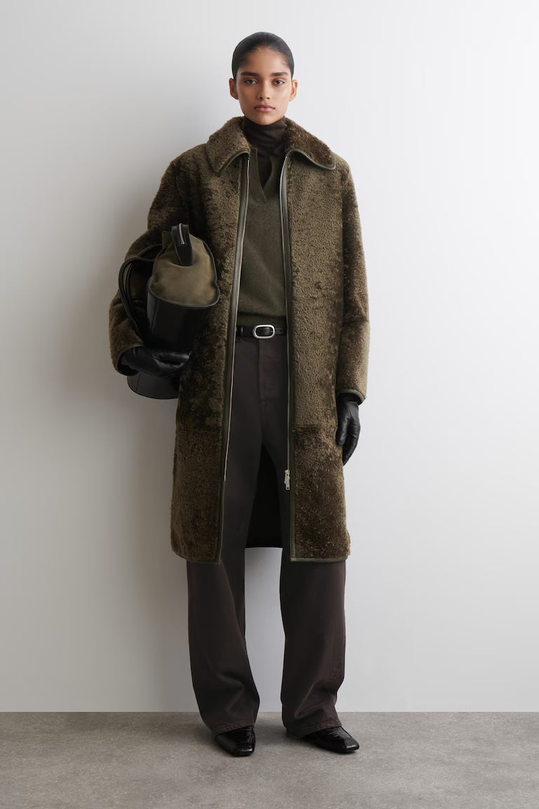 Leather-bonded Shearling Long Coat