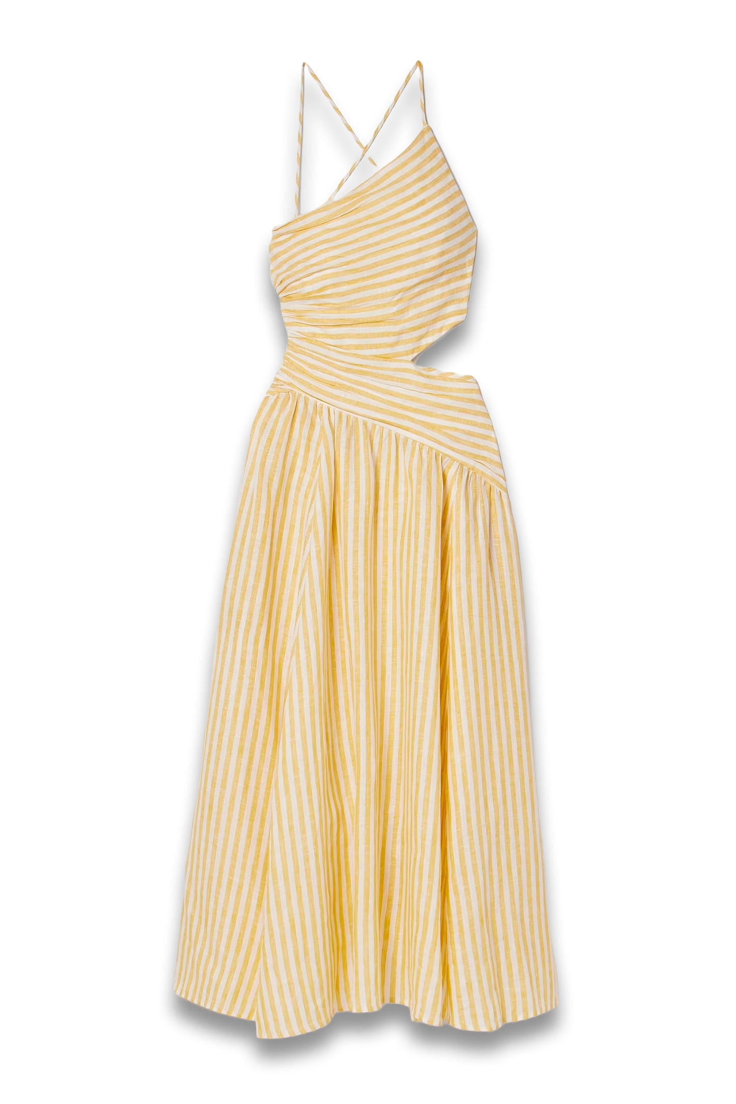 Cascadian Cutout Ruched Striped Linen Midi Dress