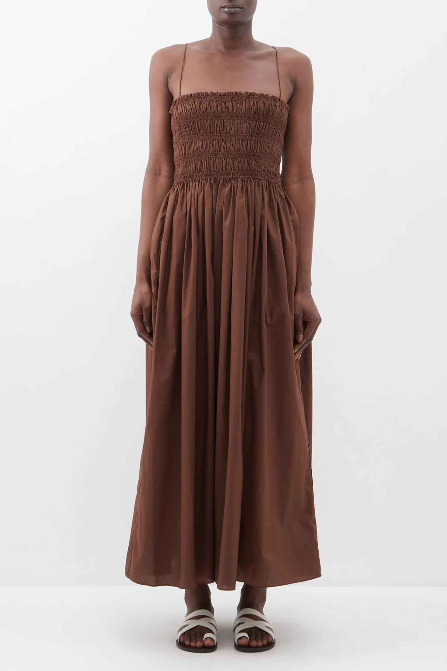 Shirred Organic Cotton And Silk-Blend Poplin Maxi Dress