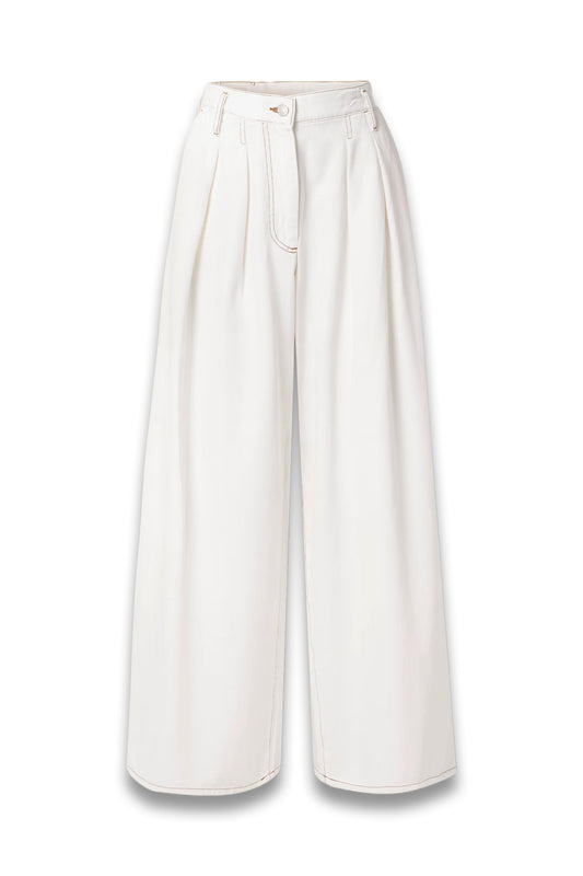 Pleated Denim Wide-Leg Pants