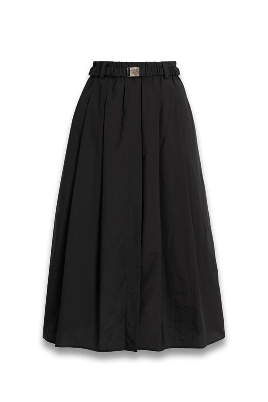 Belted Pleated Cotton-Blend Midi Skirt