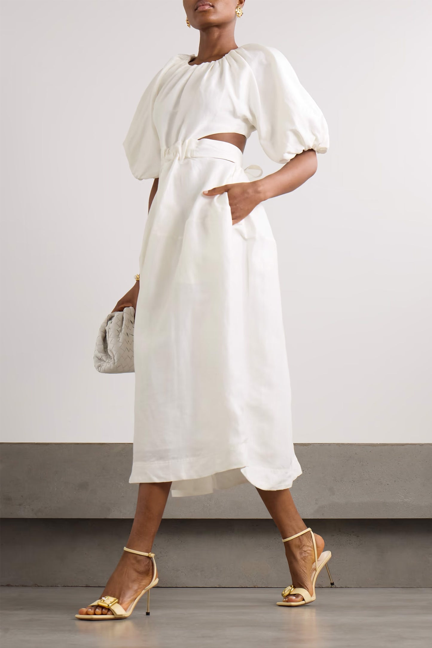 Mimosa Cutout Gathered Linen-blend Midi Dress