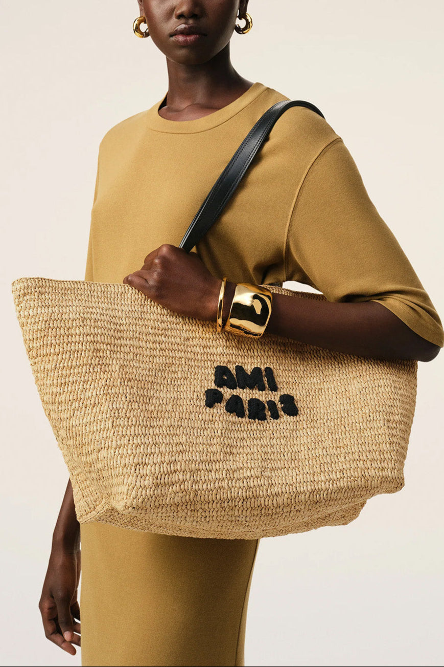Beige Leather Rafia Ami Paris Tote Bag