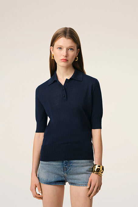 Navy Wool Silk Tonal Ami de Coeur Polo