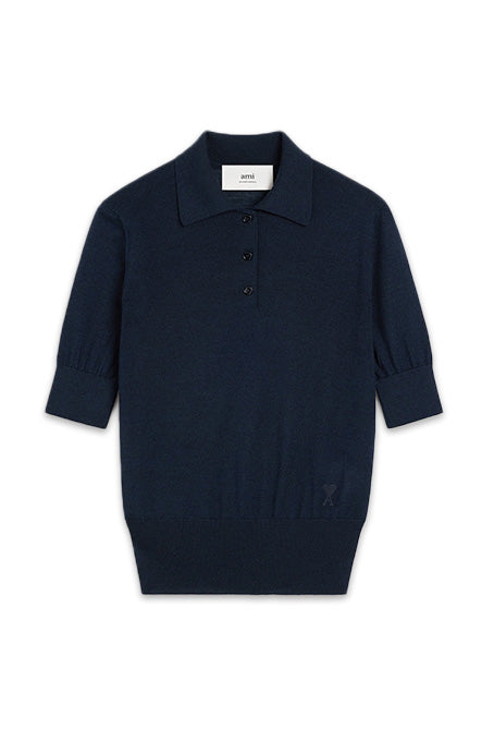 Navy Wool Silk Tonal Ami de Coeur Polo