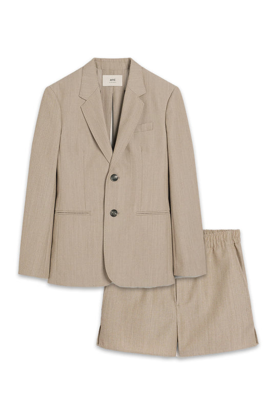 Beige Wool Back Slit Jacket and Elasticated Short