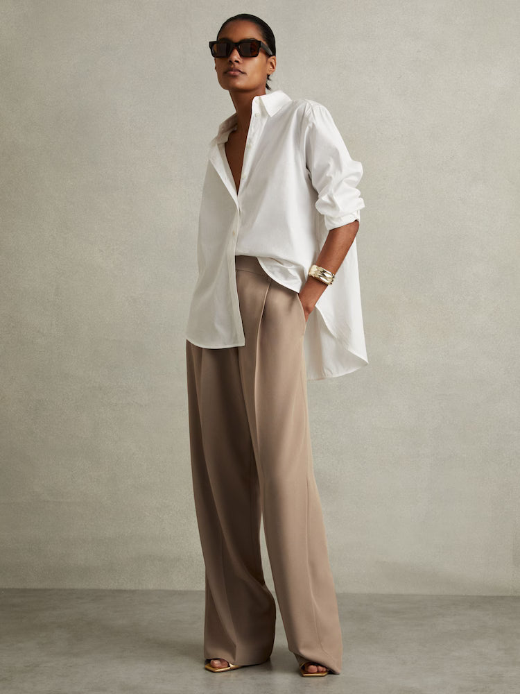 Eden Elasticated-Waist Wide-Leg Twill Trousers in Mink Neutral