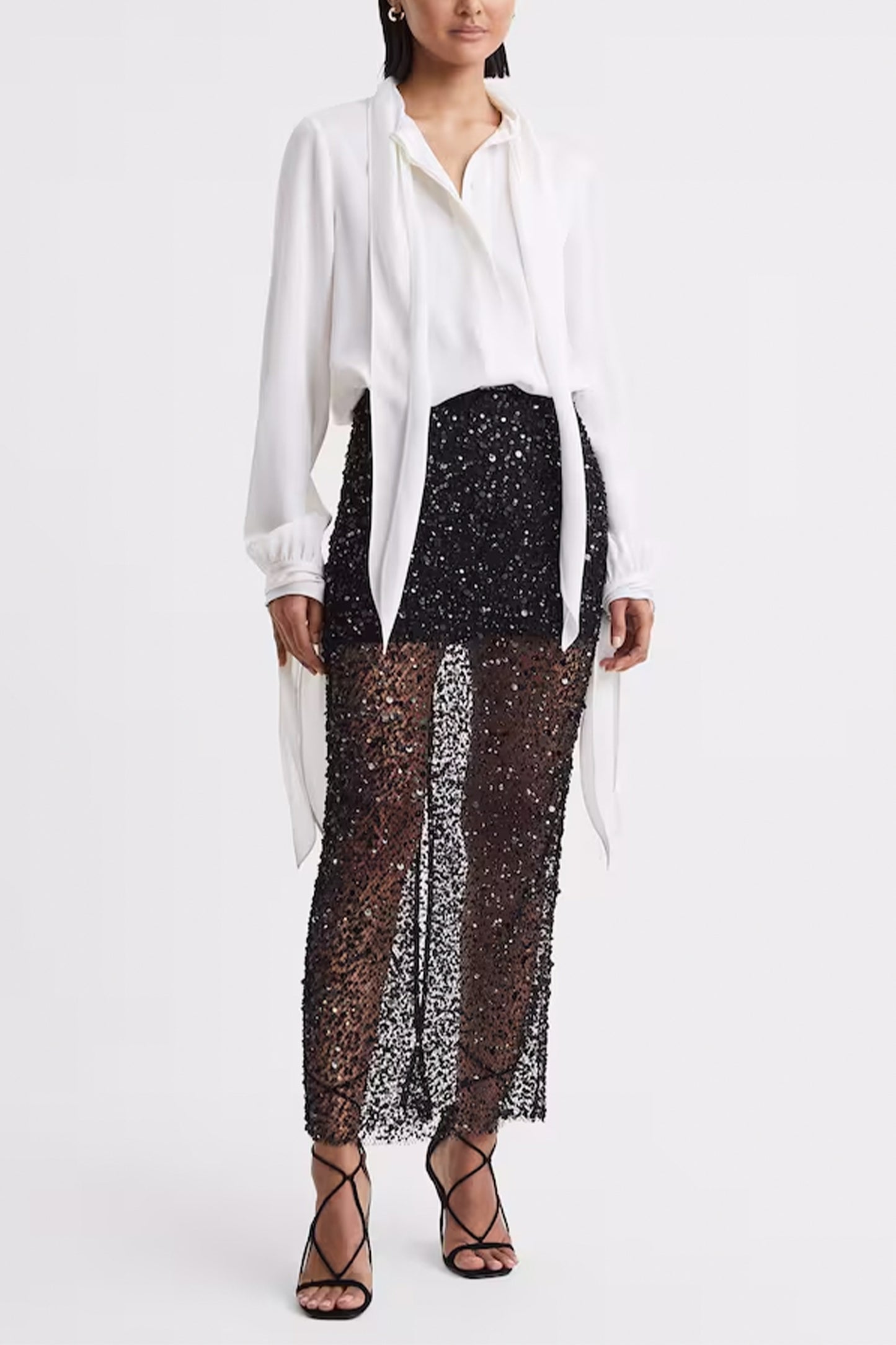 Anna Quan Embellished Netted Midi Skirt in Black