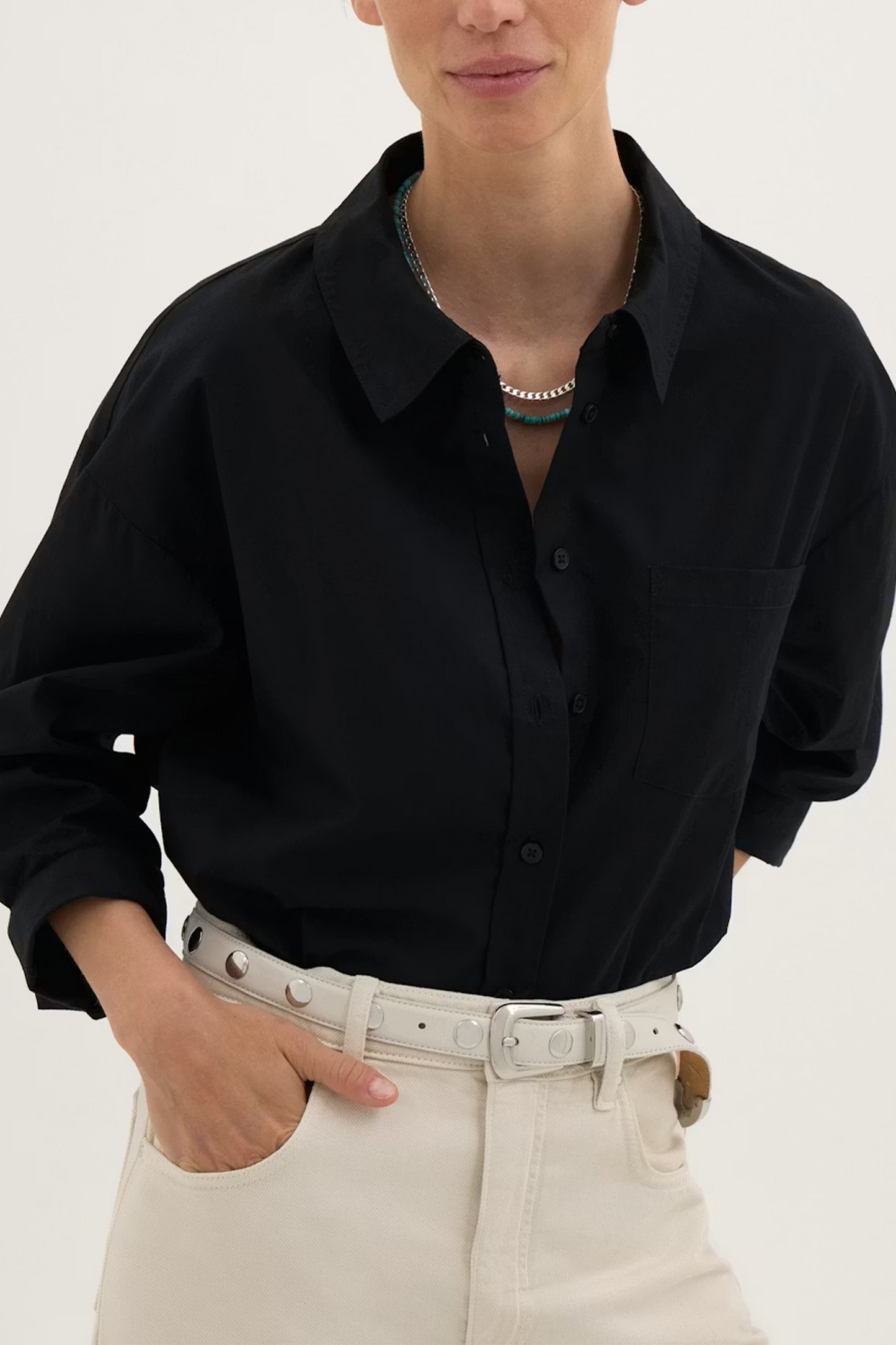 Aria Cotton Poplin Bracelet Length Shirt in Black