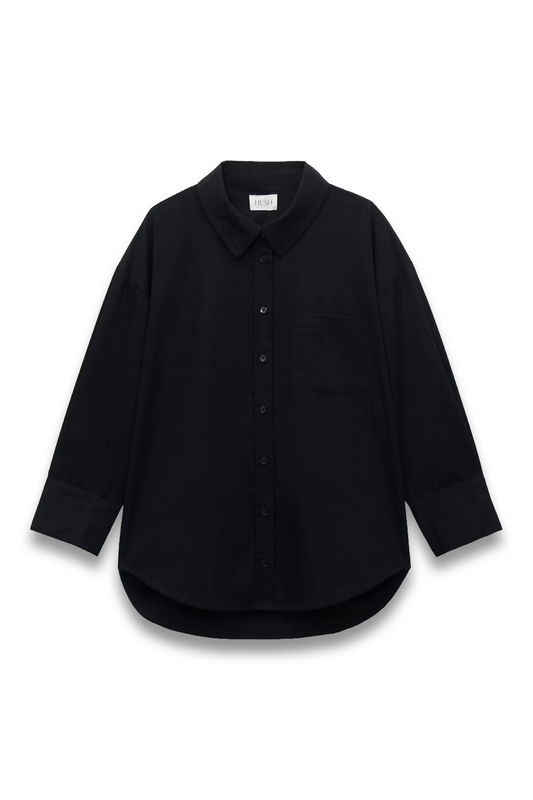 Aria Cotton Poplin Bracelet Length Shirt in Black