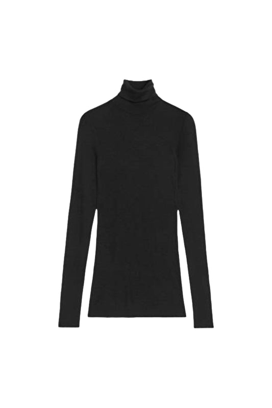 Sheer Black Merino Wool Roll-Neck