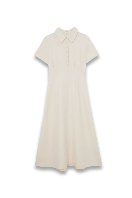Button-Neck Short-Sleeve Midi Dress in Cream