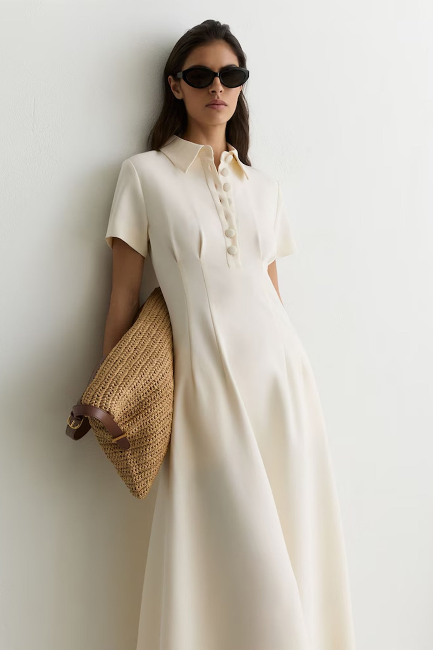 Button-neck Short-sleeve Midi Dress in Cream