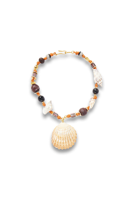 Samsara gold-plated, leather, shell, onyx and recycled-glass necklace