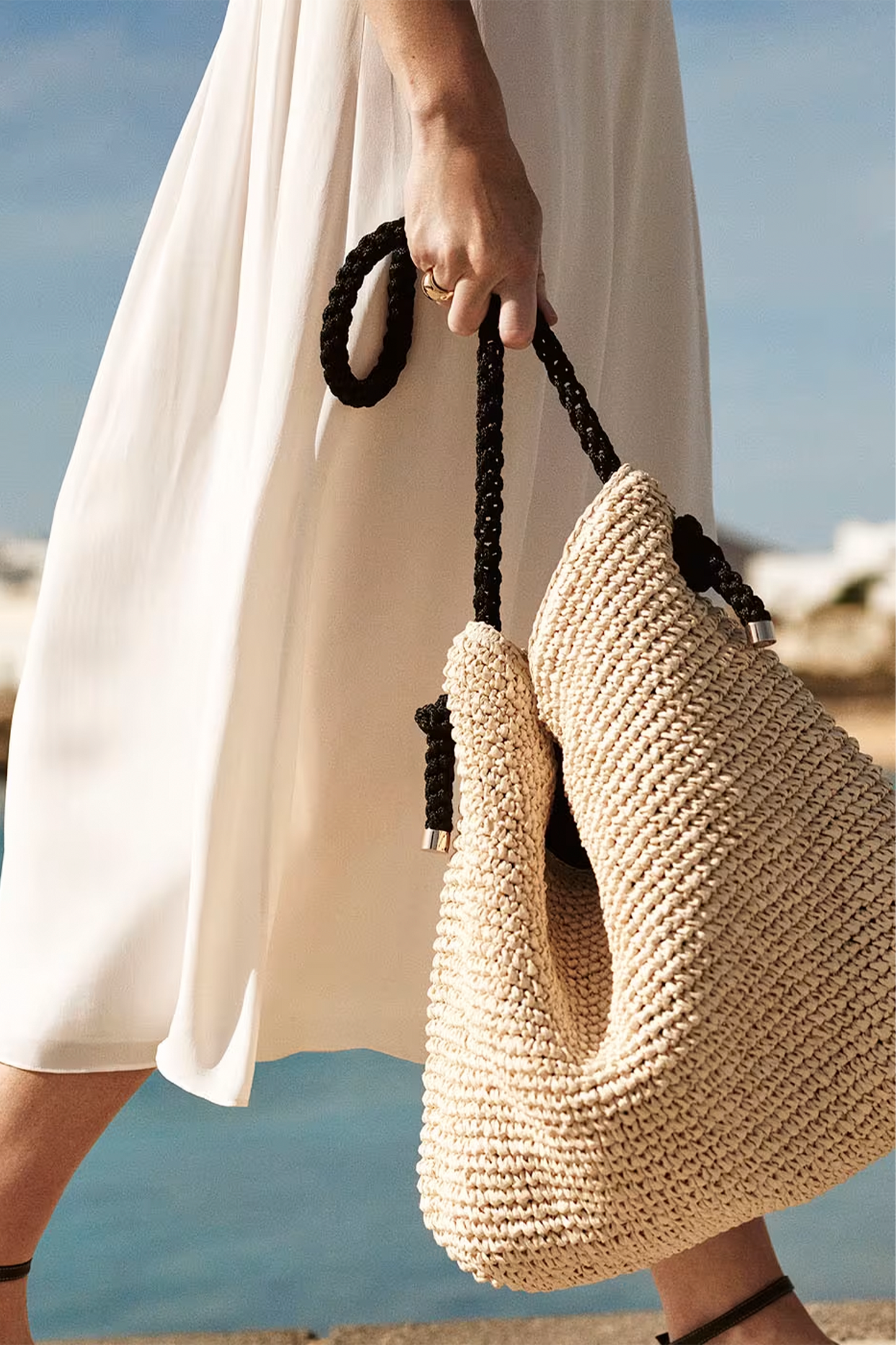 Neutral Attie Rope Handle Straw Tote