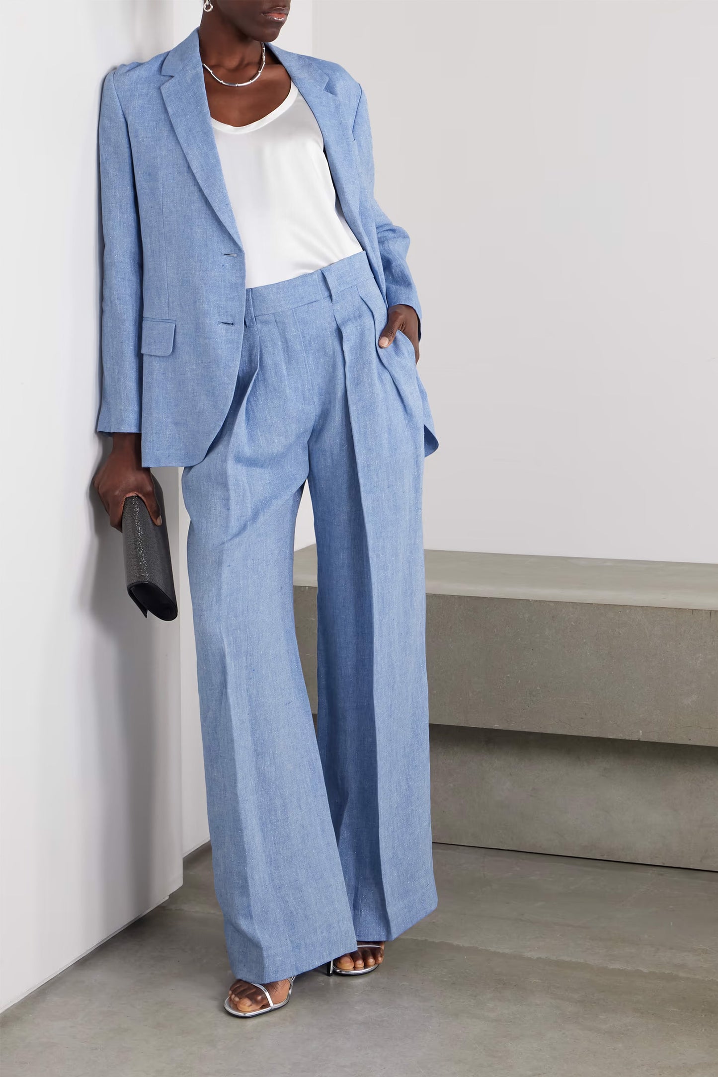 Linen-Blend Blazer with Pleated Wide-Leg Pants