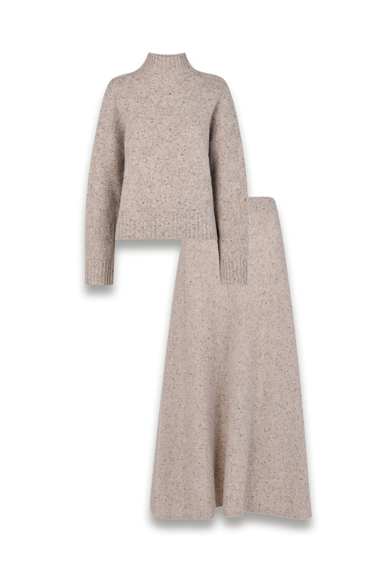 Neutral Wool Textured Check Knit and Skirt