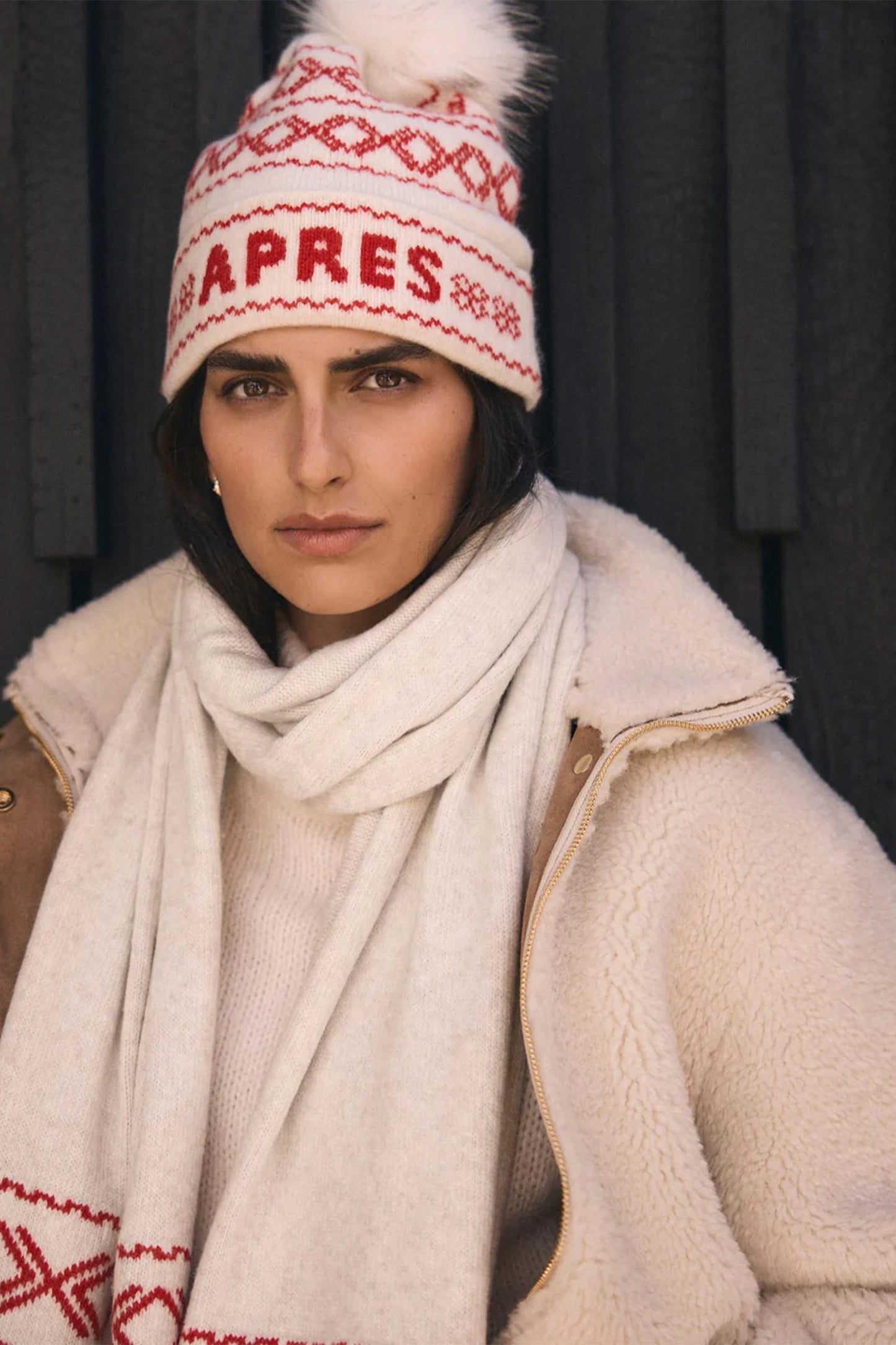Red Graphic Aprés Knit Bobble Hat