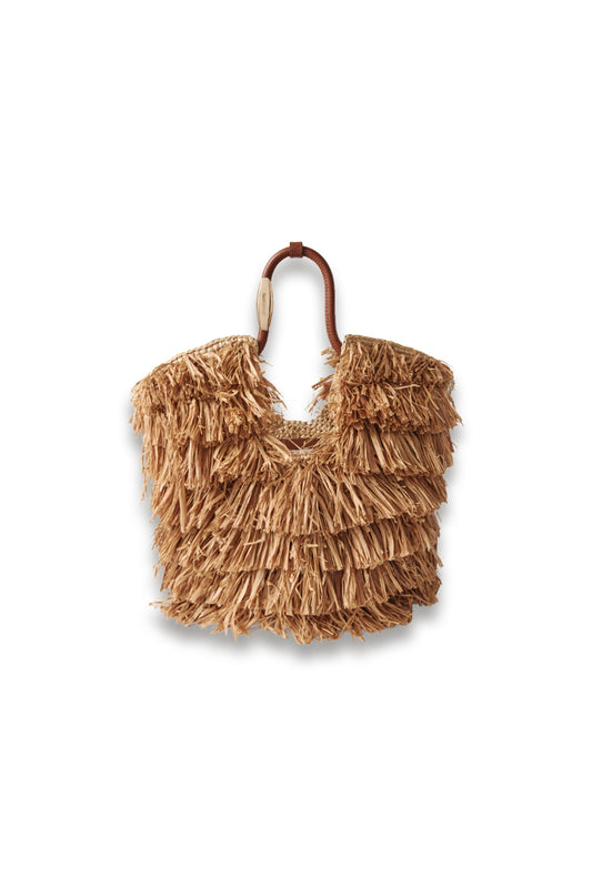 Goldentime Small Leather-trimmed Fringed Raffia Tote