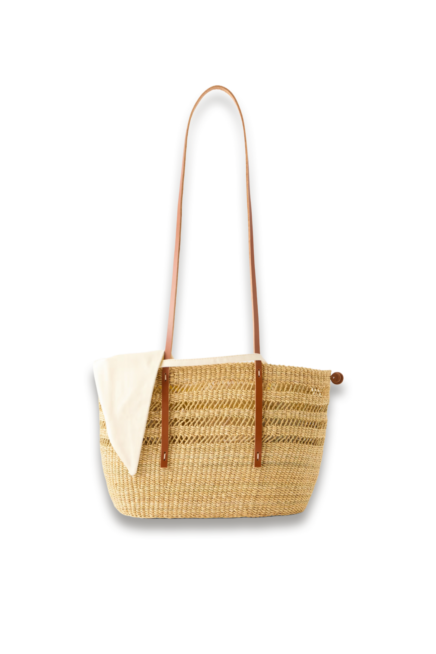 Bicro M leather-trimmed woven straw tote