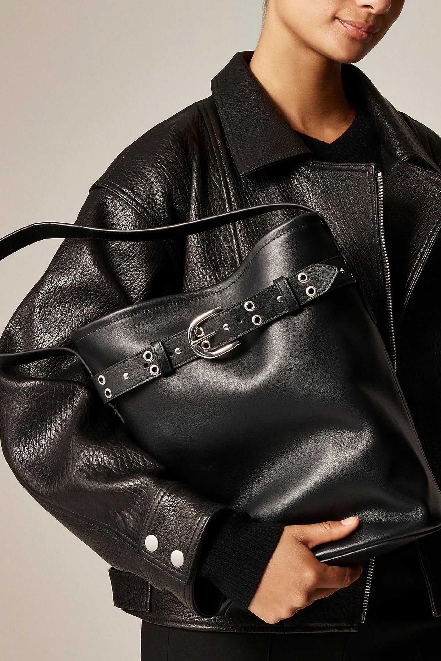 Berkeley Belted Bucket Bag in Studded Leather