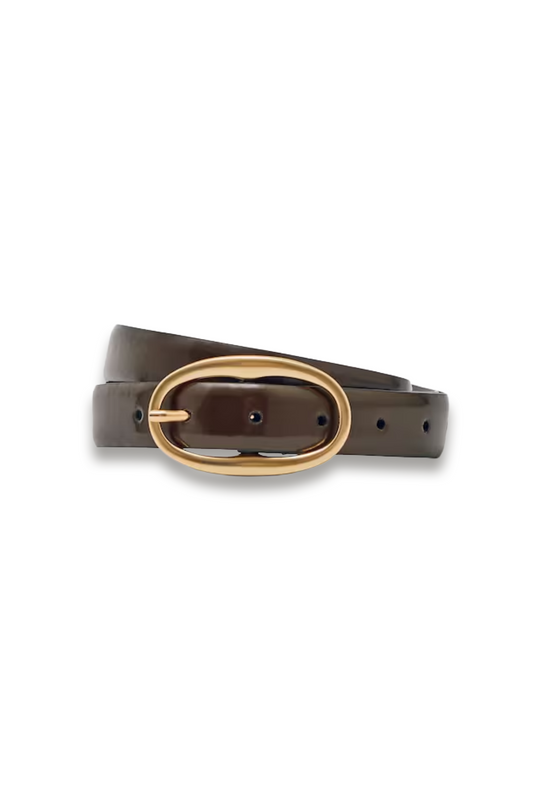 Patent Leather Oval Buckle Belt in Chocolate