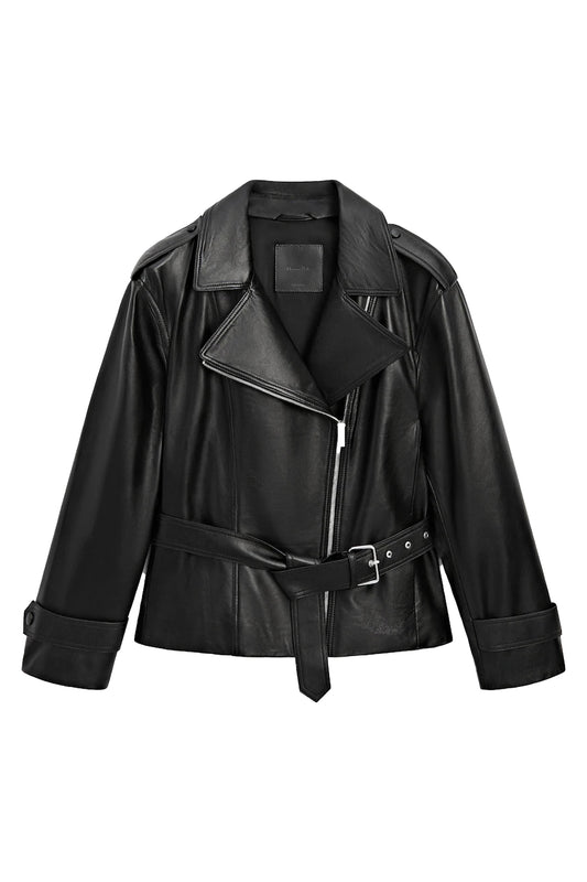 Black Nappa Leather Biker Jacket With Belt