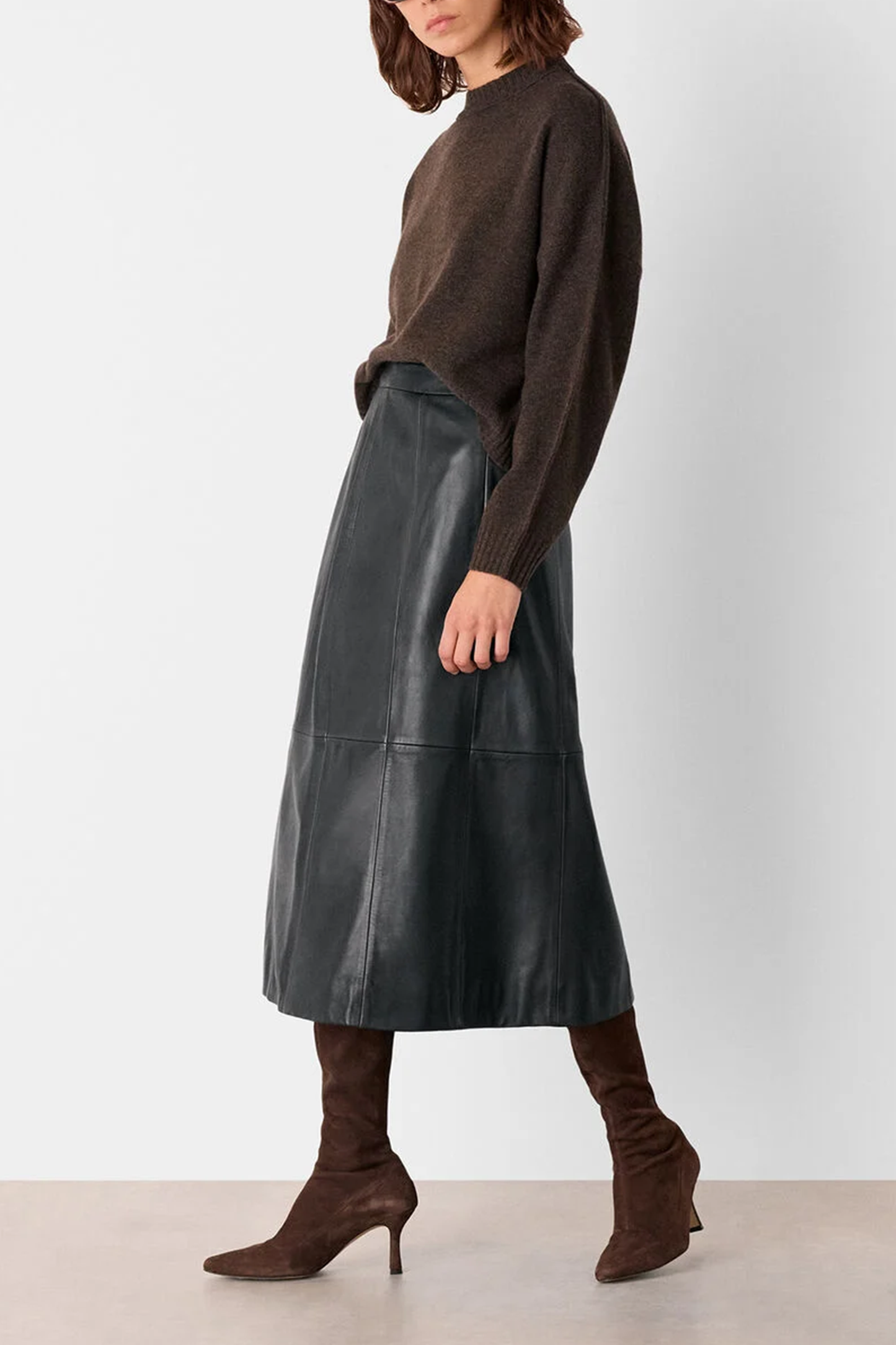 Black Burnished Leather Midi Skirt
