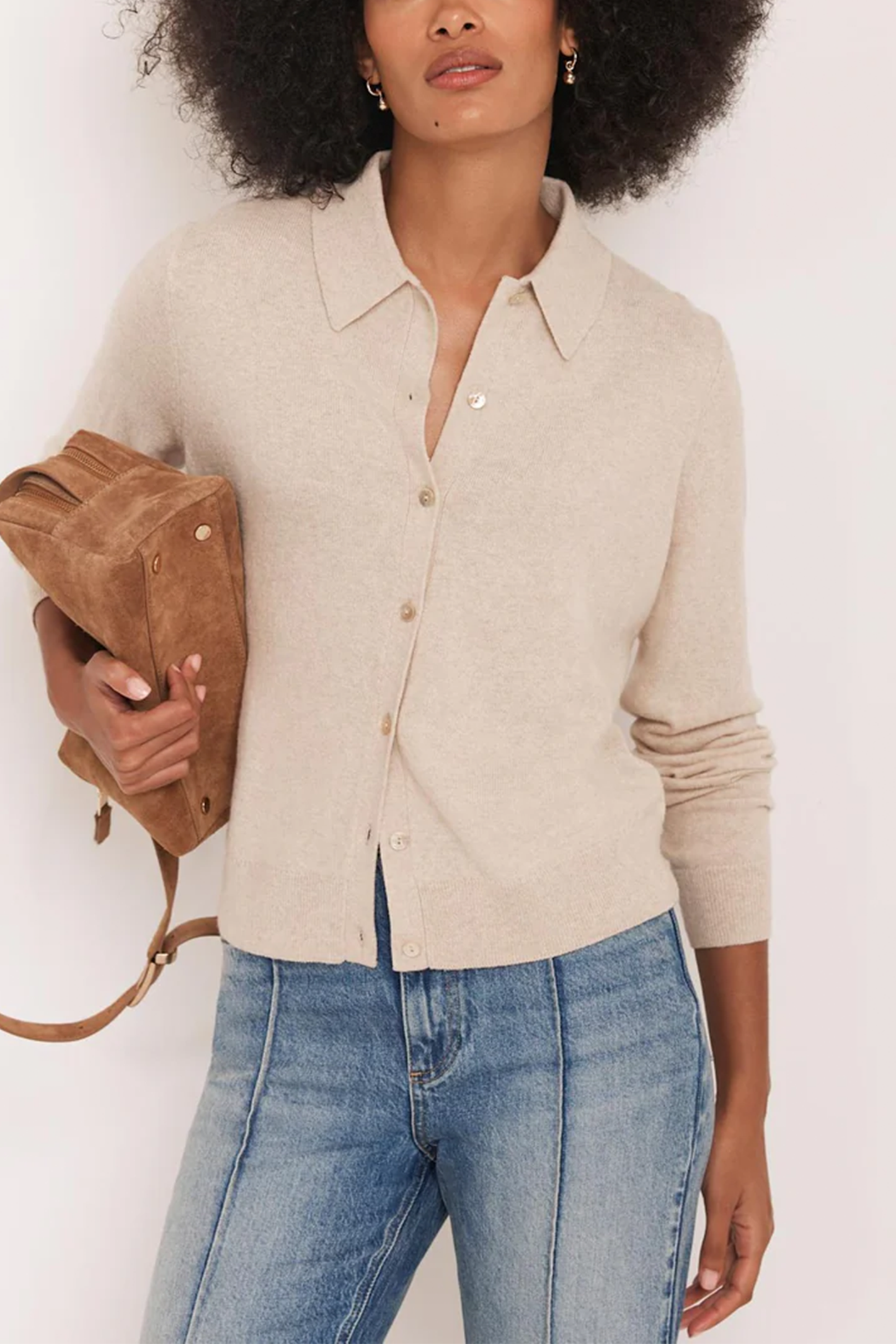 Neutral Cotton-blend Button-collar Cardigan