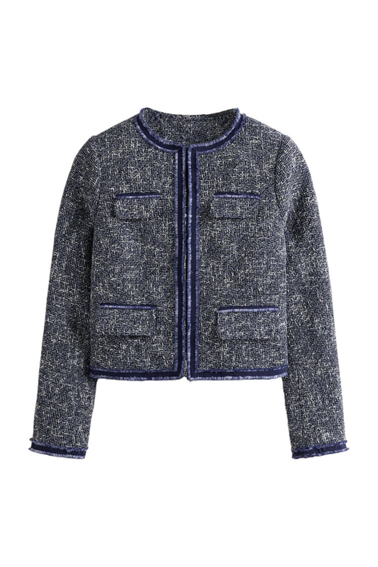 Navy Textured Interest Crop Jacket