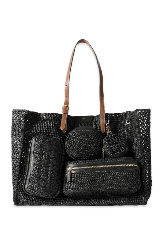 E/W Holiday Leather-trimmed Raffia Tote