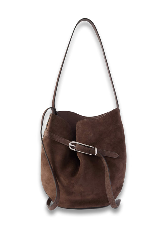 Brown Buckled Suede Bucket Bag