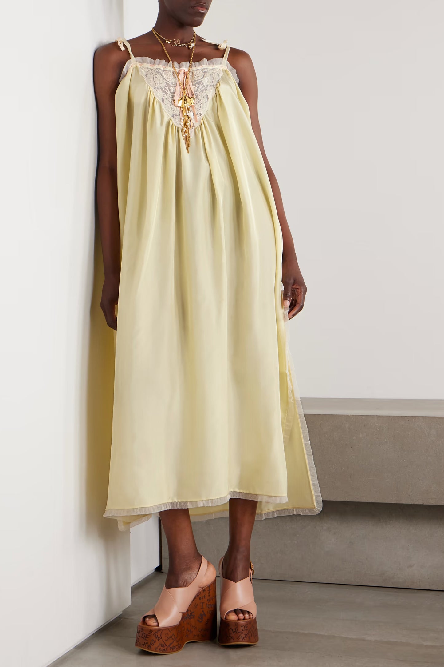 Gathered Lace-Trimmed Silk-Habotai Midi Dress