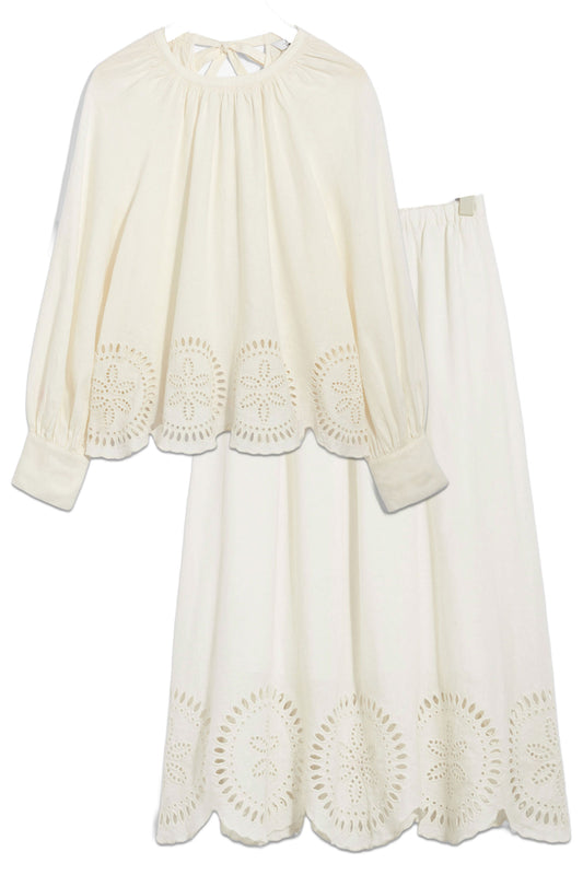 Embroidered Linen Blouse and Skirt Set