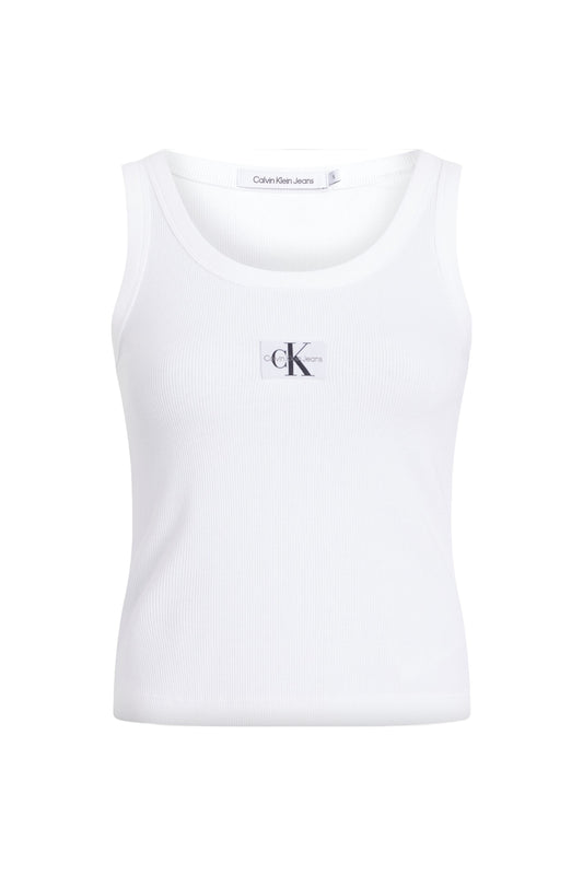 Woven Label Ribbed Tank Top in White