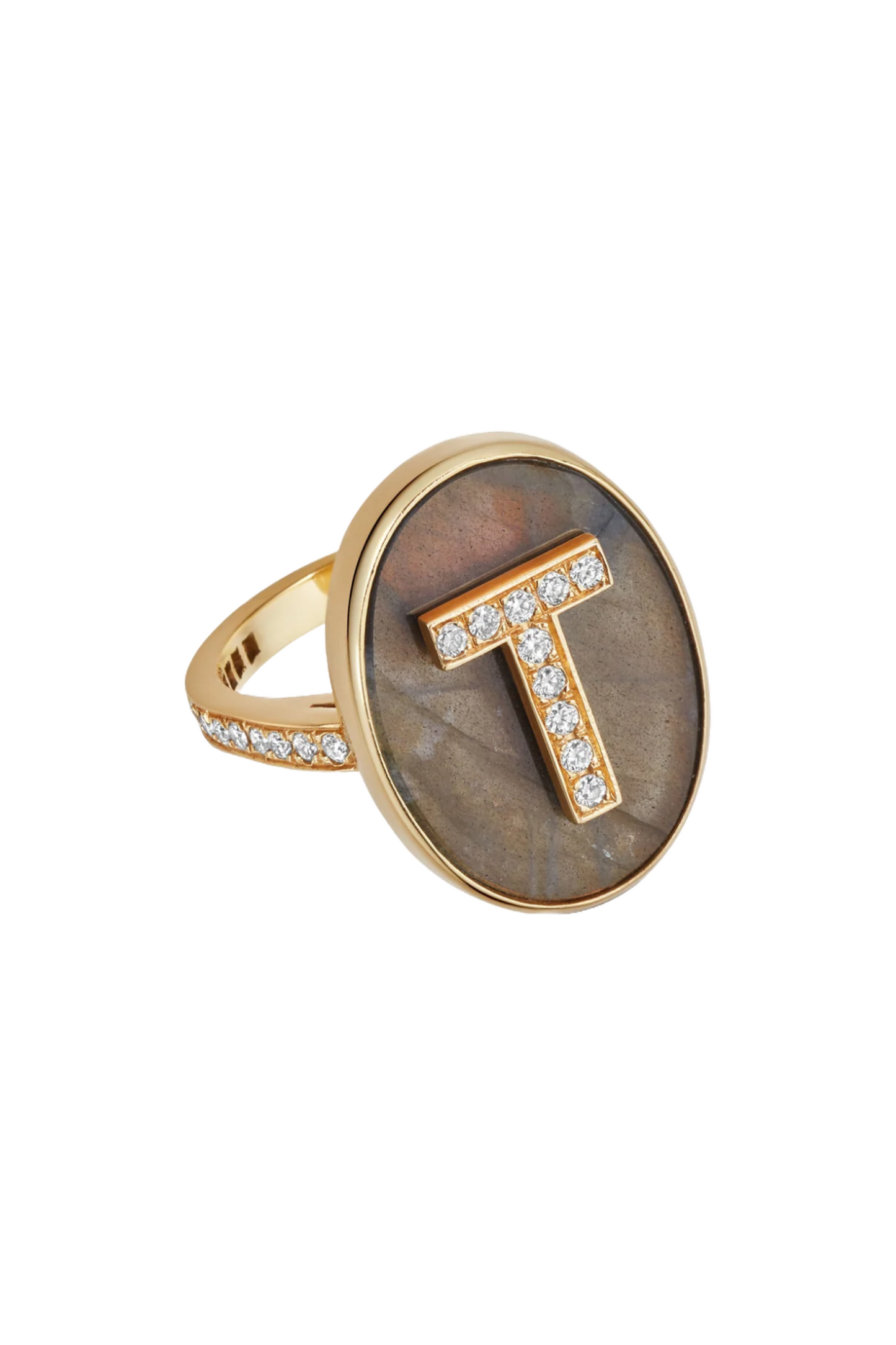 Diamond Pavé Initial Ring With Labradorite