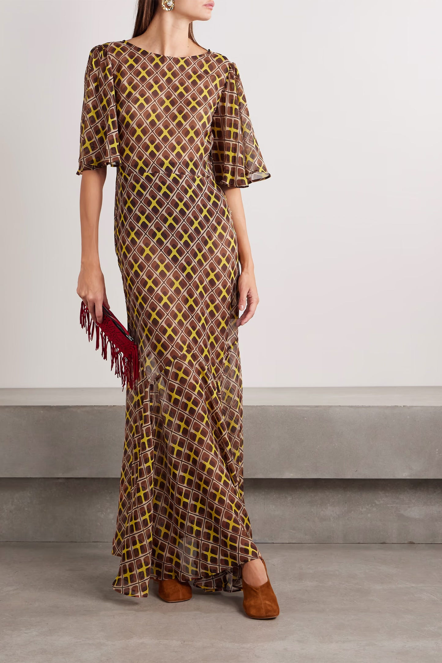Cattail printed silk-blend chiffon gown
