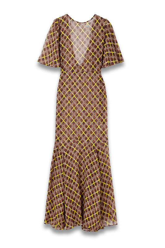 Cattail printed silk-blend chiffon gown