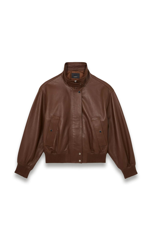 Petite Cara Leather Bomber Jacket, Chestnut Brown