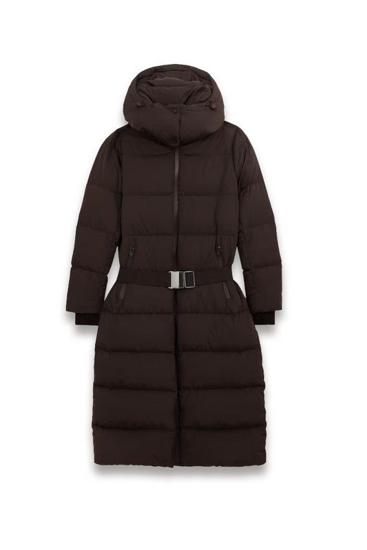 Petite Belted Longline Hooded Puffer Coat in Chocolate Brown