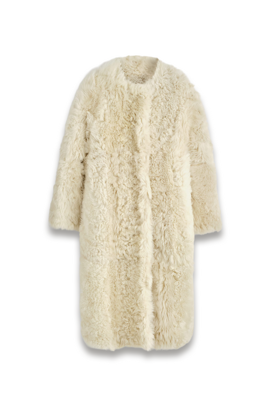Collarless Shearling Long Coat