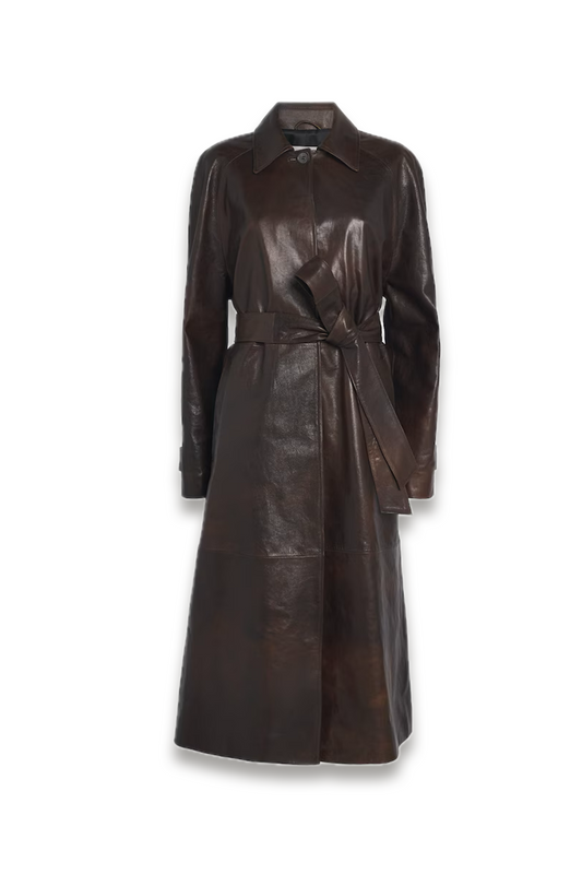 Brown Leather Belted Trench Coat