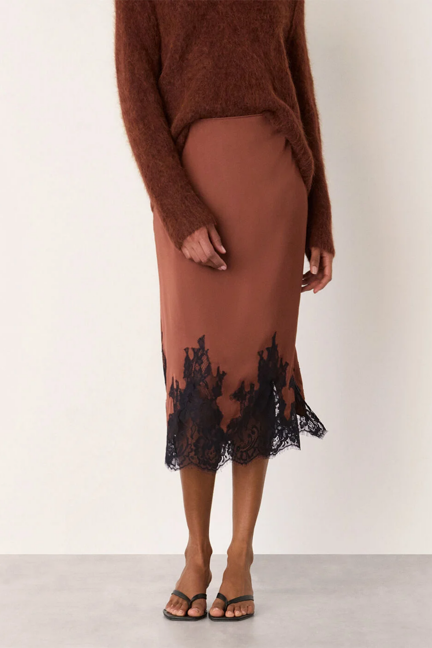 Brown Lace-hem Satin Midi Skirt