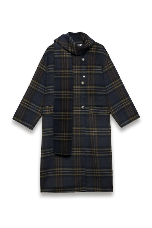 Navy Check Wool Blend Hand Finished Scarf Coat