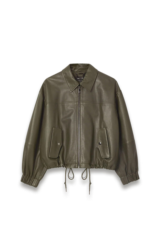 Funnel Neck Leather Bomber Jacket