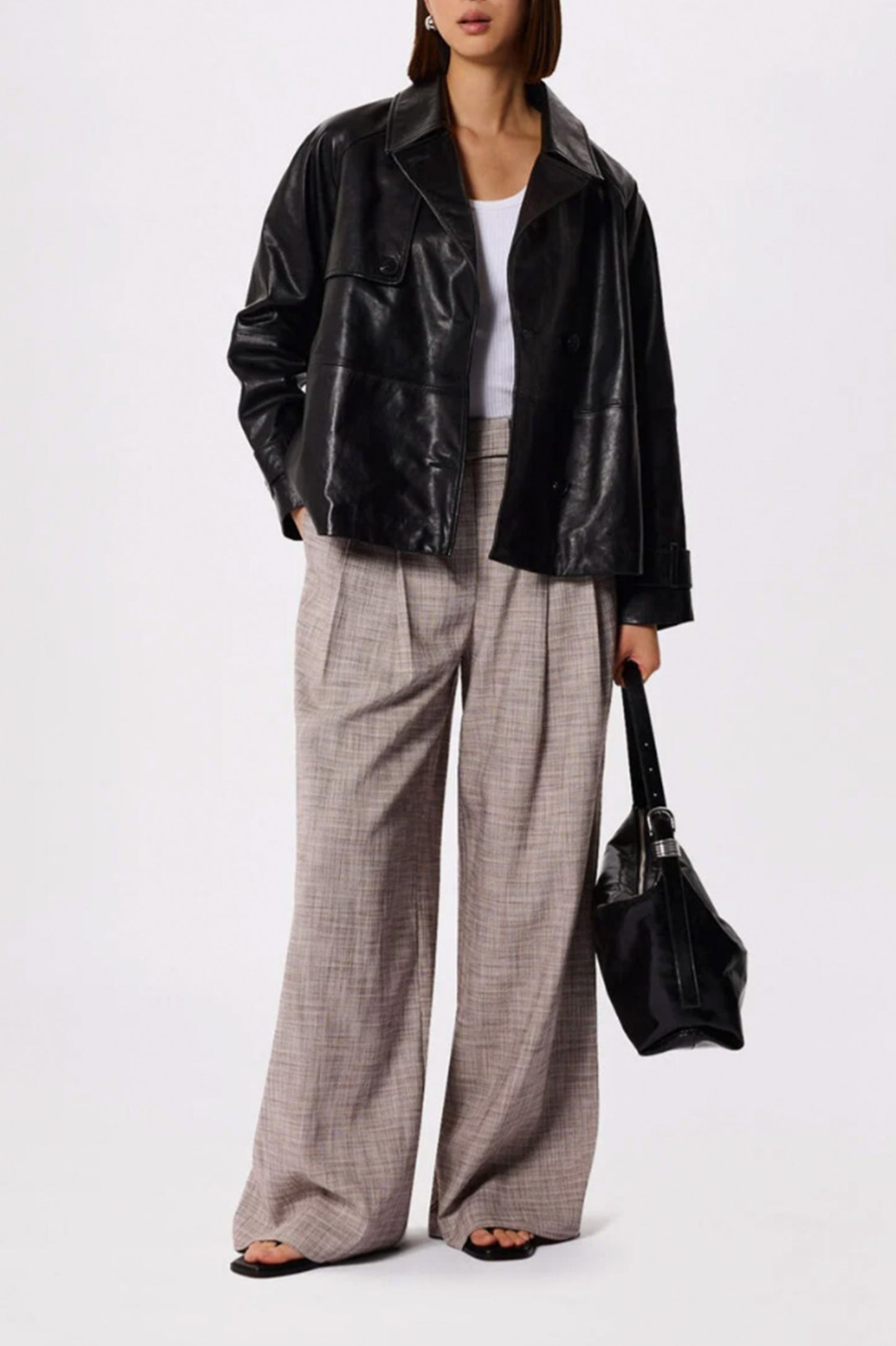 Black Short Leather Trench