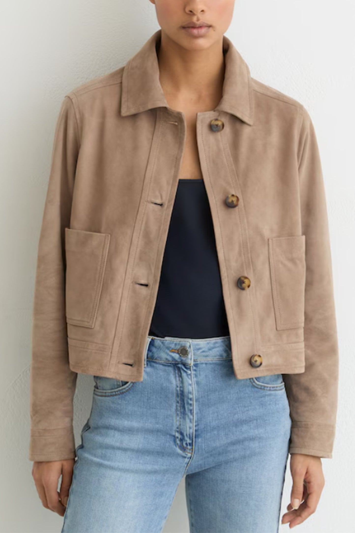 Suede Cropped Trucker Jacket in Neutral