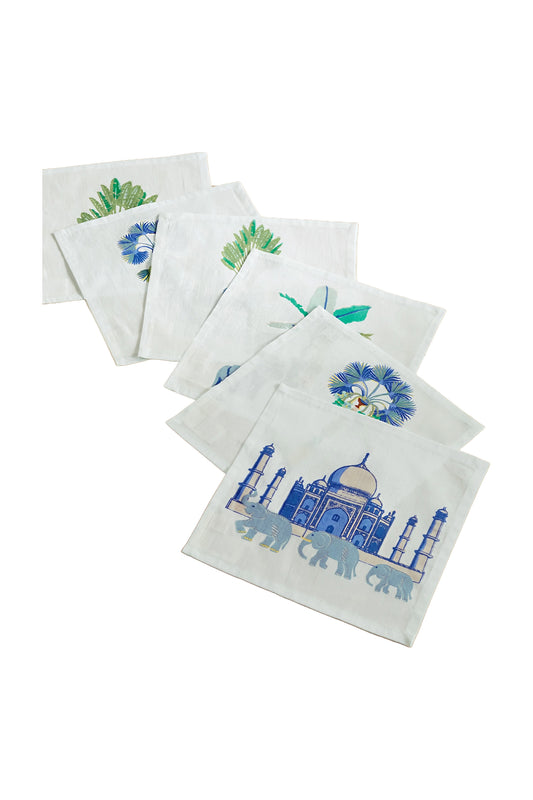 Elephant Family Set Of Six Printed Cotton Cocktail Napkins