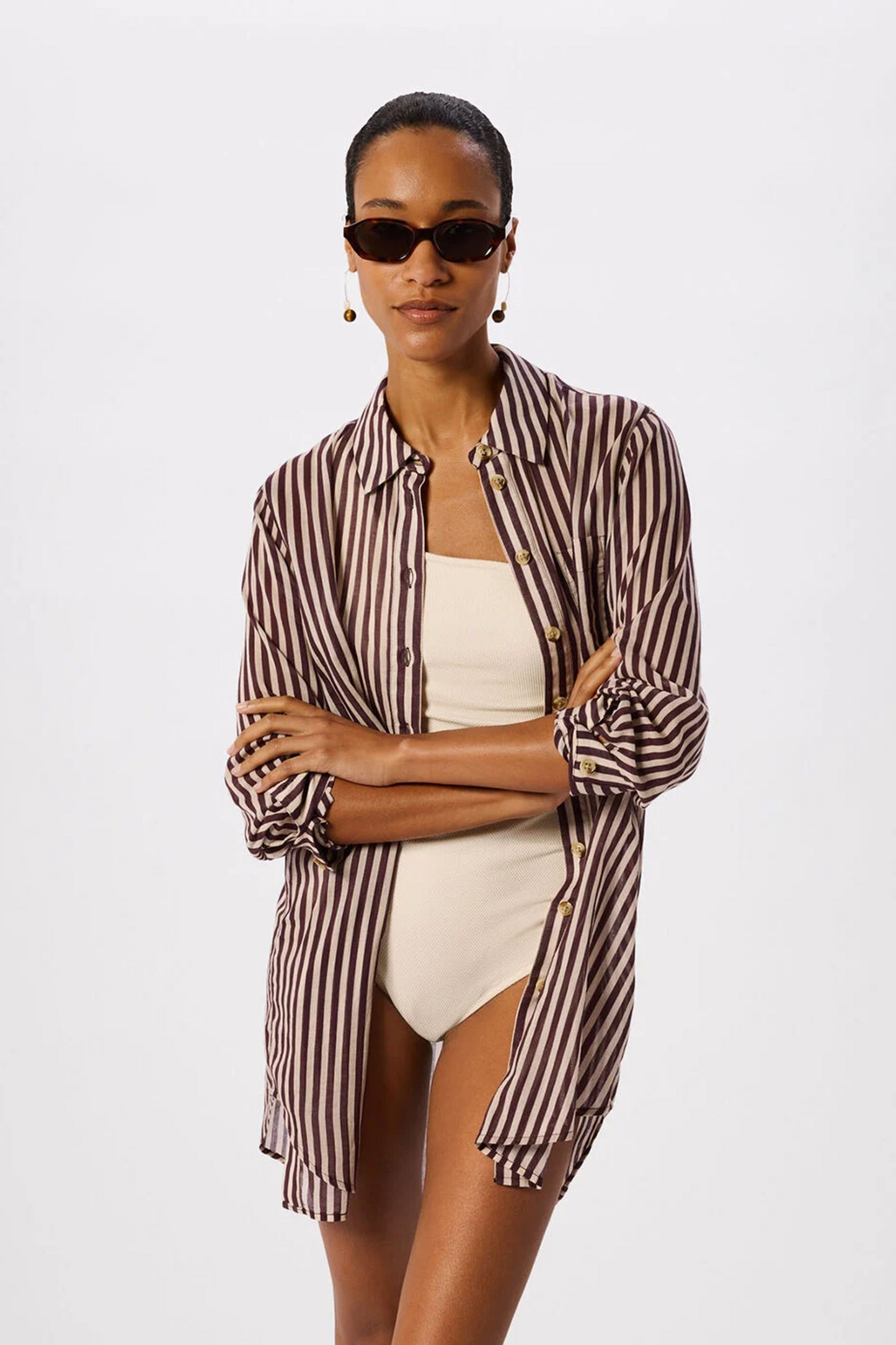 Burgundy Stripe Long Sleeve Beach Shirt