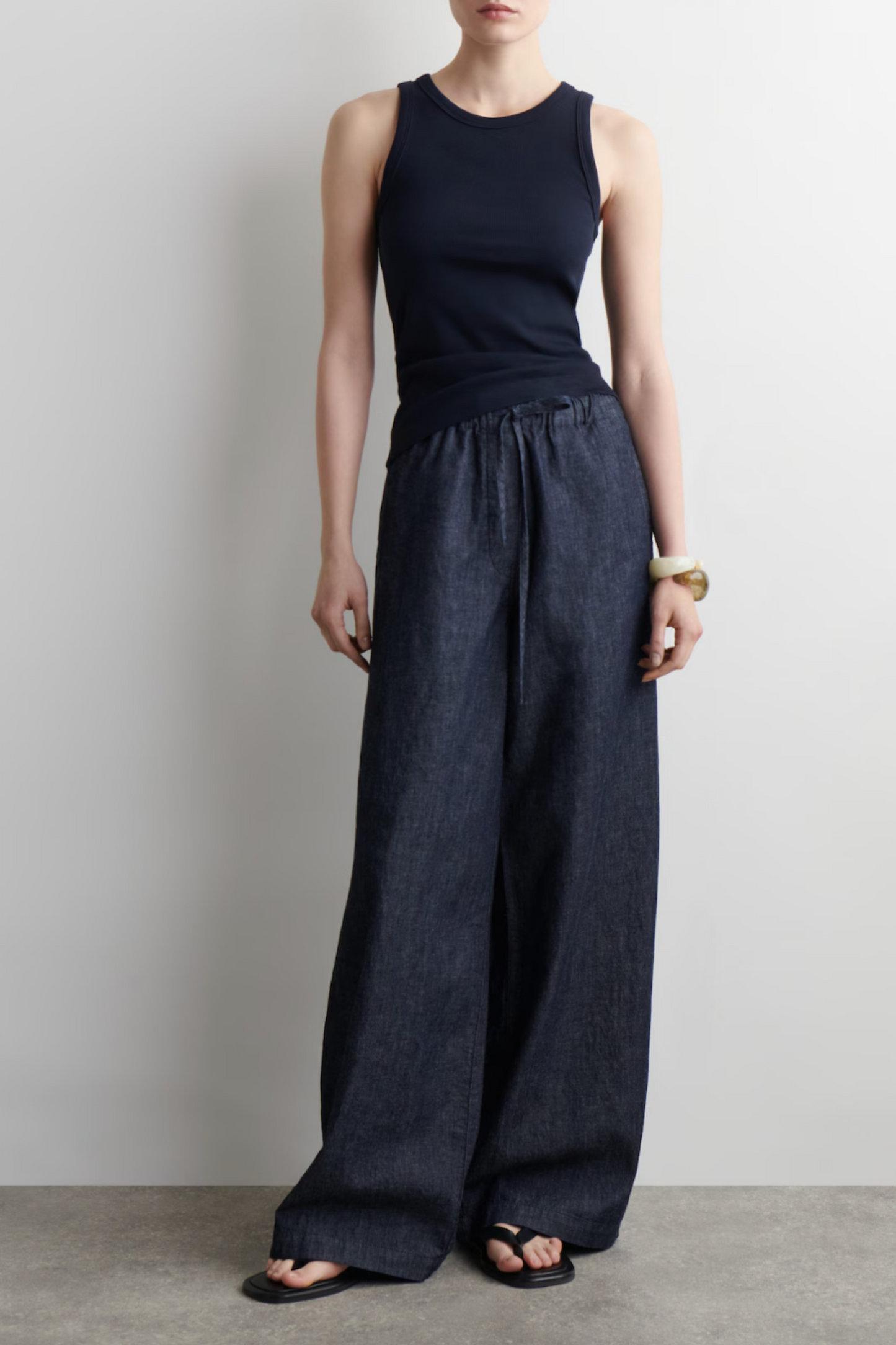 Denim Wide-Leg Drawstring Trousers